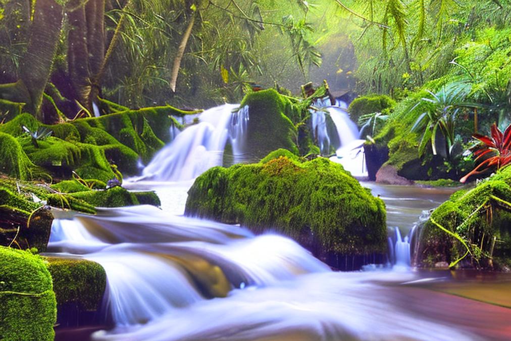 A serene and breathtaking landscape of a cascading waterfall nestled in a lush forest