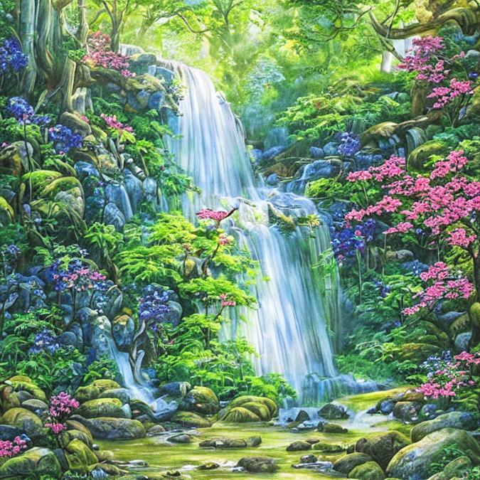 A serene and enchanting landscape painting with a cascading waterfall surrounded by lush greenery