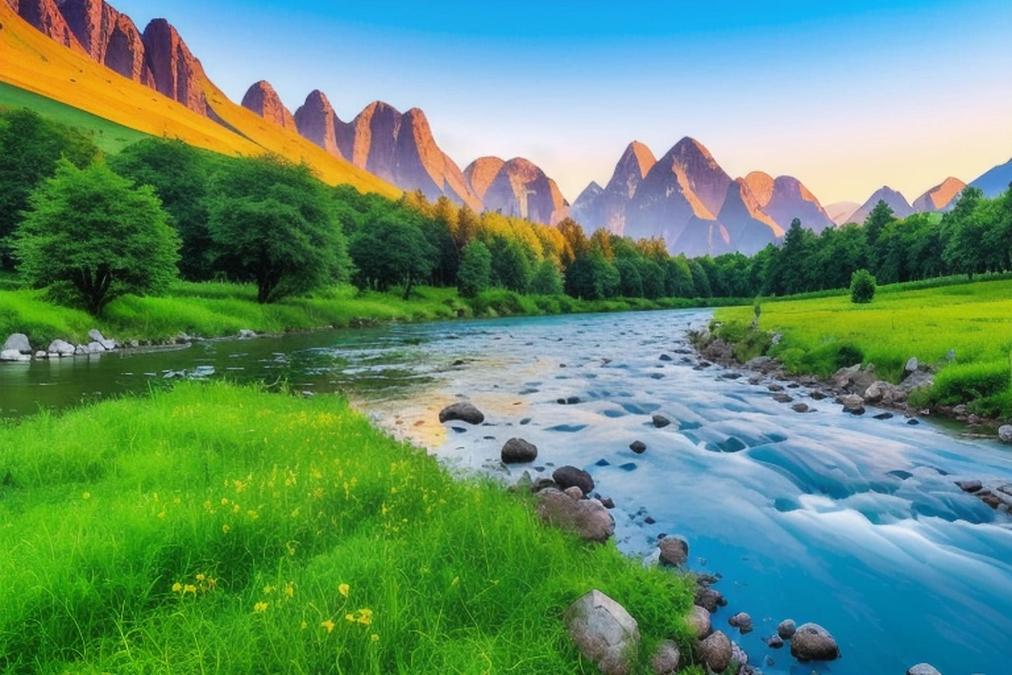 A serene and peaceful landscape with a majestic mountain range